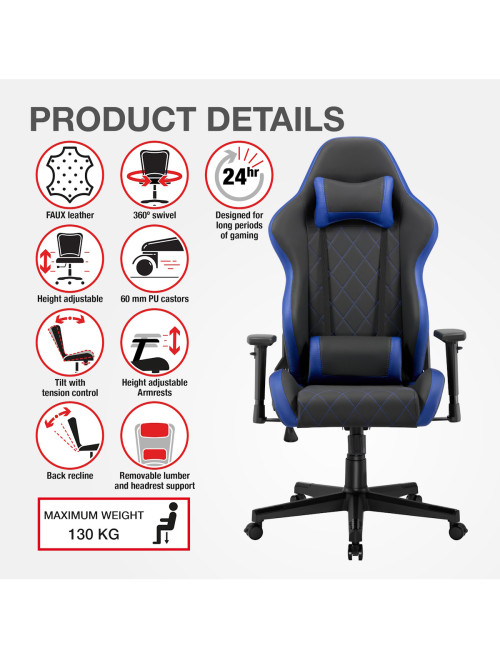 Gaming Chair Monaco Black and Blue Faux Leather Racing Chair CH-MON-BLU - enlarged view