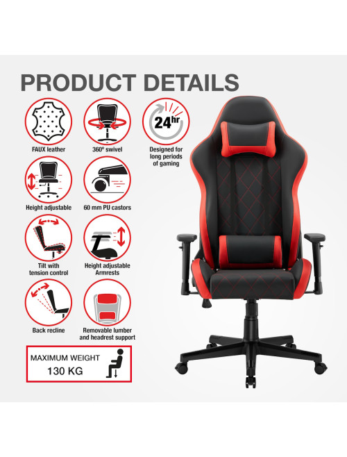 Gaming Chair Monaco Black and Red Faux Leather Racing Chair CH-MON-RED - enlarged view