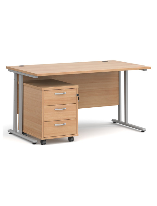 Beech Office Desk 1400mm Maestro and 3 Drawer Storage Pedestal Bundle SBS314B by Dams - enlarged view