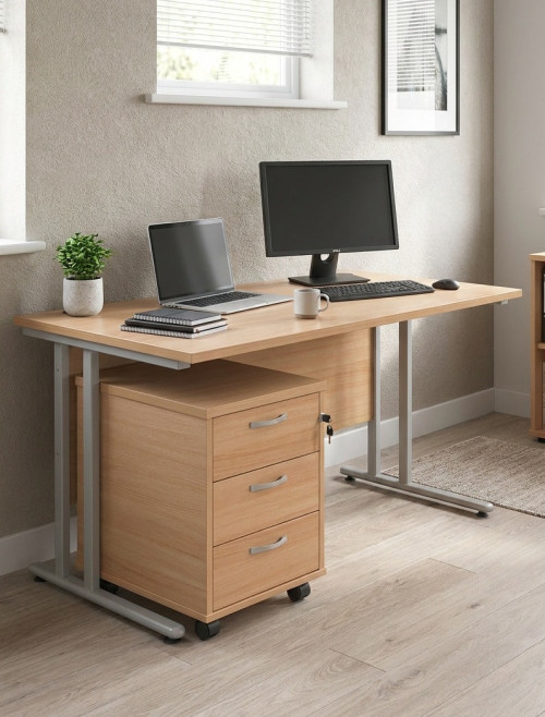 Beech Office Desk 1400mm Maestro and 3 Drawer Storage Pedestal Bundle SBS314B by Dams